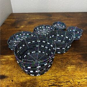 Handcrafted Beaded Basket Nesting Bowl Set of 3 - Multicolor Blue and white